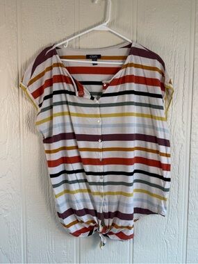 Chaps Multicolor Striped Button-Front Tie-Hem Top - White/Multi